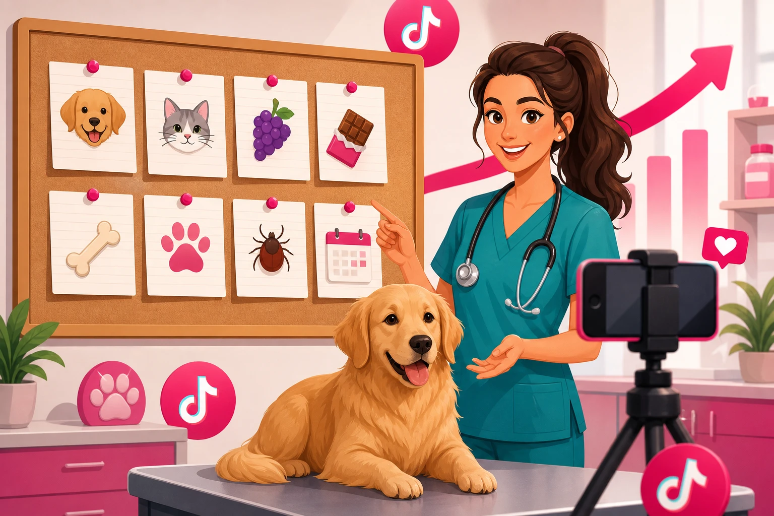 An illustration of a friendly veterinarian in teal scrubs standing beside a corkboard of pinned index cards, each card carrying a small icon for a different pet video idea, with a golden retriever sitting on an exam table and a smartphone on a tripod framing the scene in a bright clinic room