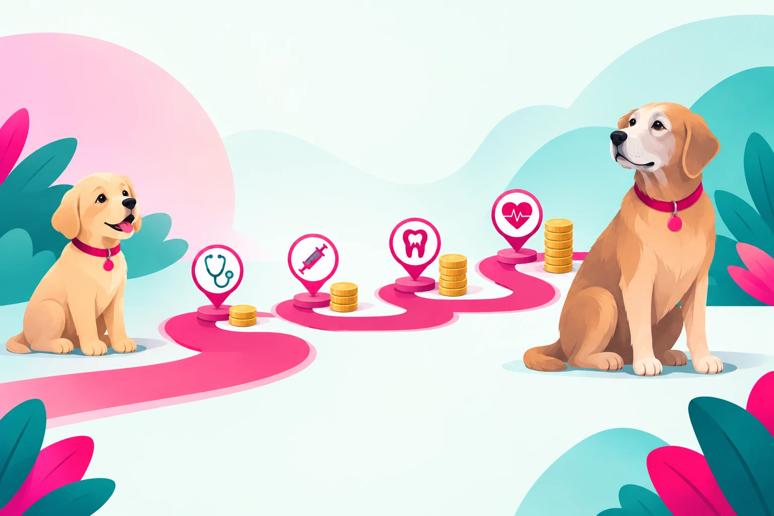 An illustration of a winding path from a young puppy on the left to a grey-muzzled senior dog on the right, with clinic-visit milestones along the path marked by a stethoscope, a syringe, a tooth, and a heart, and stacks of gold coins growing taller toward the senior dog