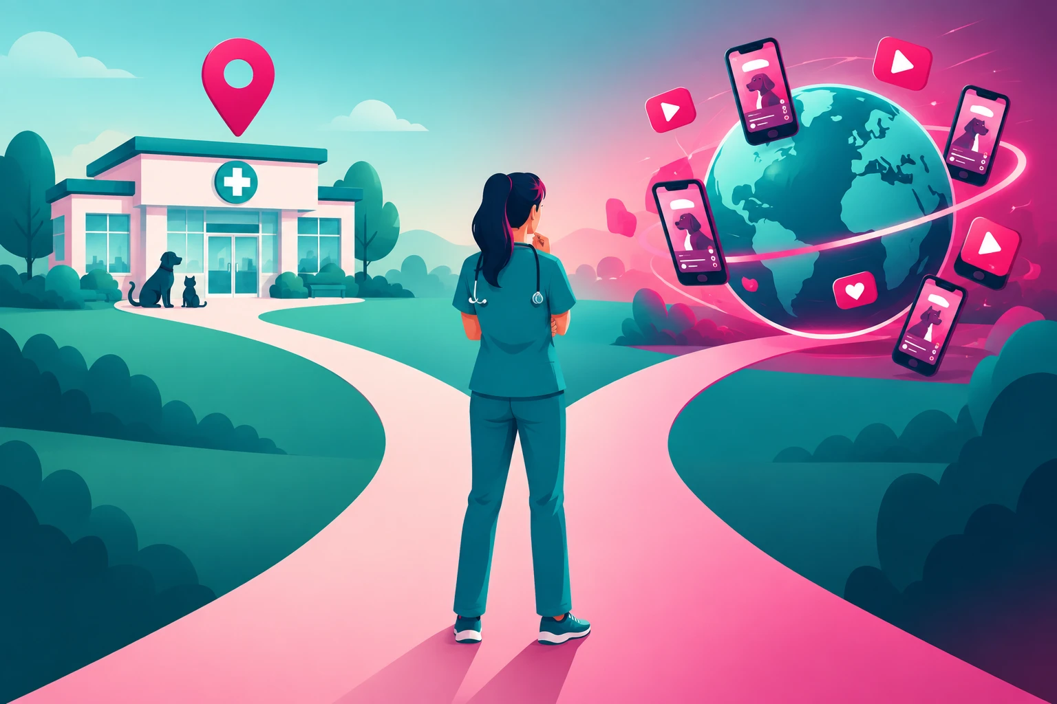 An illustration of a veterinarian in scrubs standing at a fork in a road, the left path leading to a small neighborhood veterinary clinic under a map pin, the right path leading to a large globe circled by smartphones and play-button icons