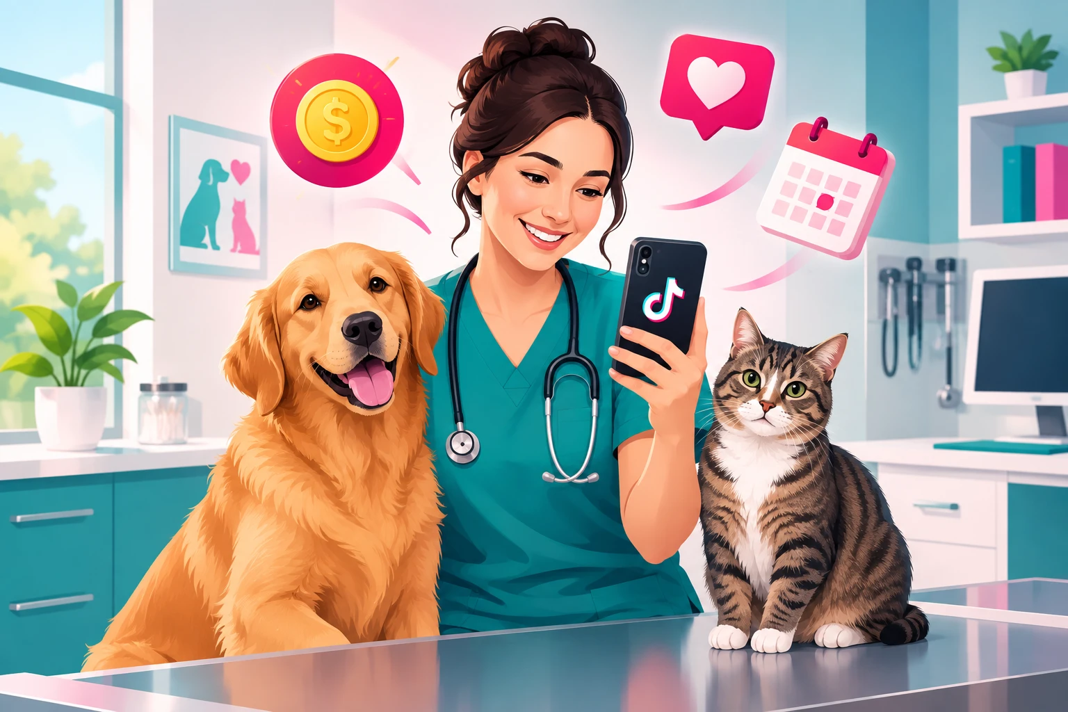 An illustration of a smiling veterinarian in teal scrubs holding a smartphone in a bright exam room, a golden retriever and a tabby cat beside her, with a coin, a heart, and a calendar floating above
