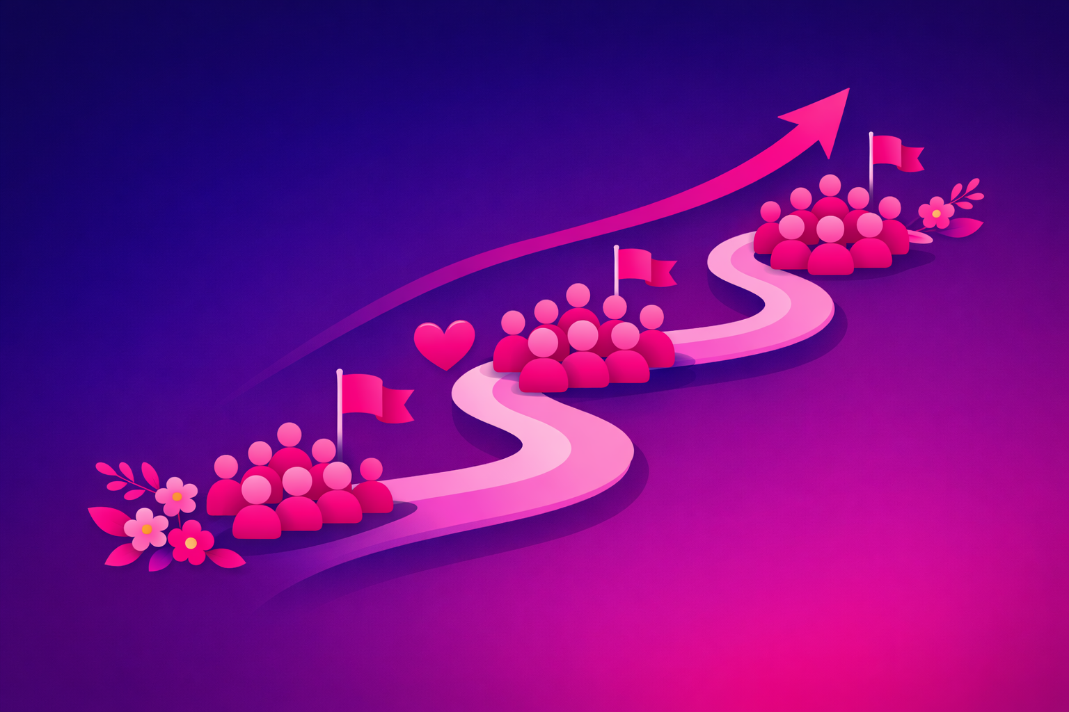 A winding milestone path with flags marking growing crowds of follower icons at each stage, with a rising arrow and floral accents on a deep purple background