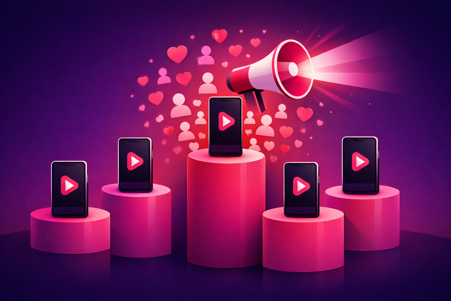 Five rising platforms each holding a smartphone showing a video play button, the highest amplified by a glowing megaphone reaching a crowd of follower icons and hearts on a deep purple background