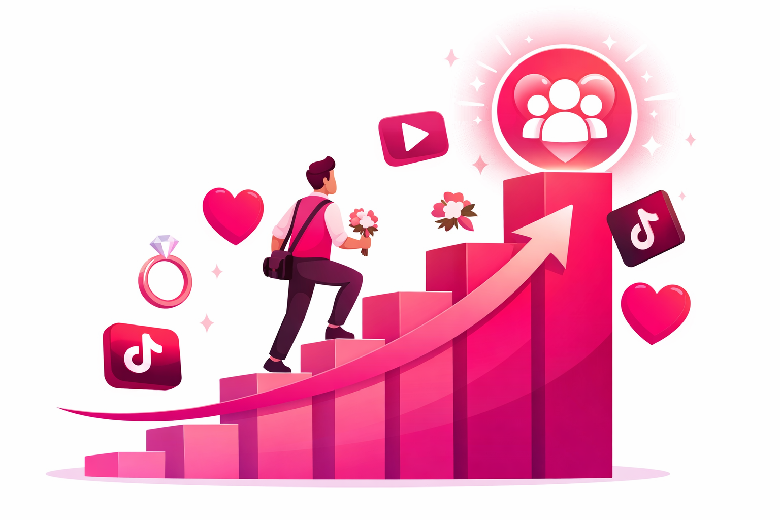A wedding vendor holding a bouquet climbing a rising staircase of bar-chart columns toward a glowing follower community badge, with an upward arrow and TikTok icons on a clean pink gradient background