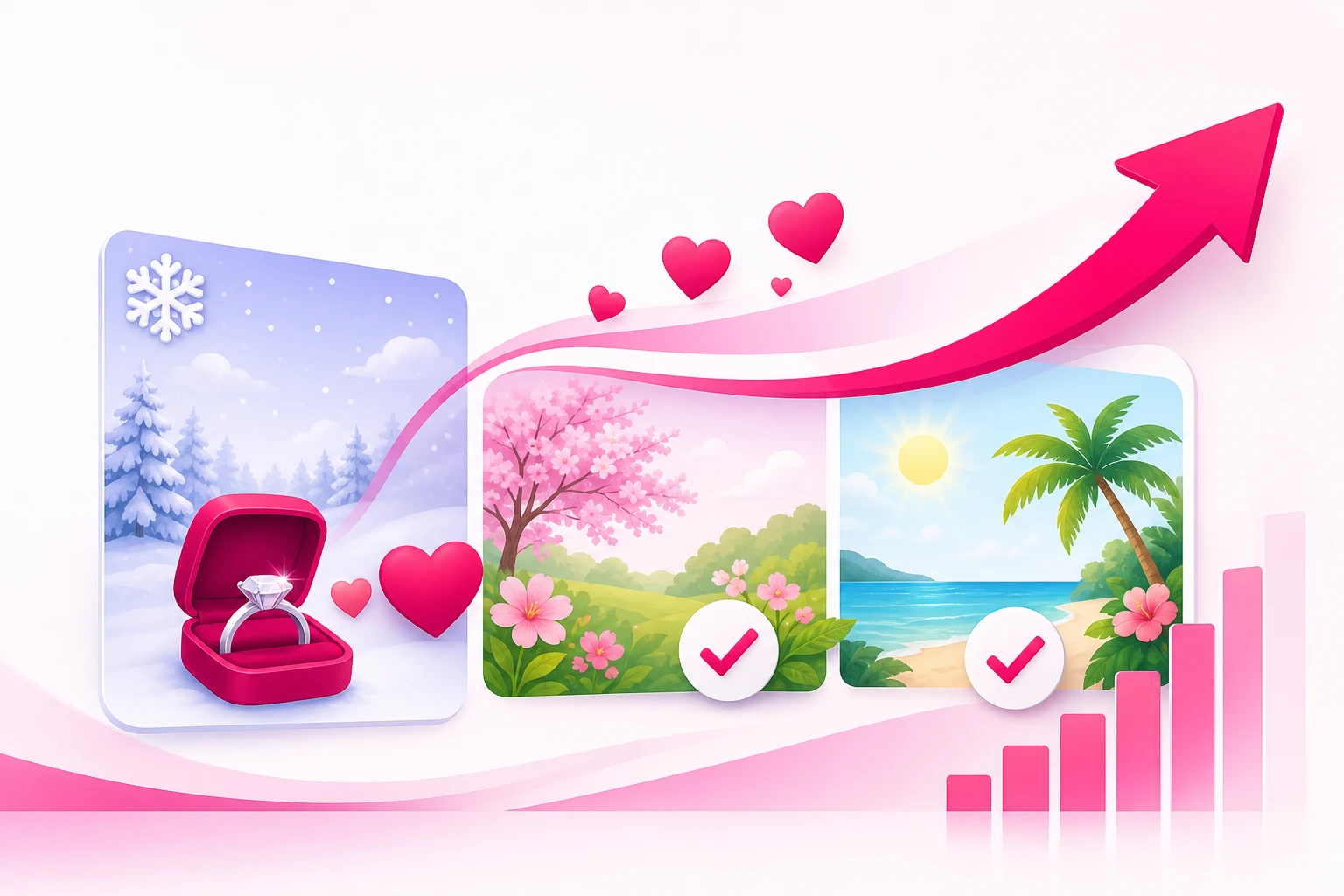 An illustration of a seasonal timeline where a winter calendar decorated with engagement rings flows into spring and summer months marked with booked wedding date checkmarks and an upward momentum arrow