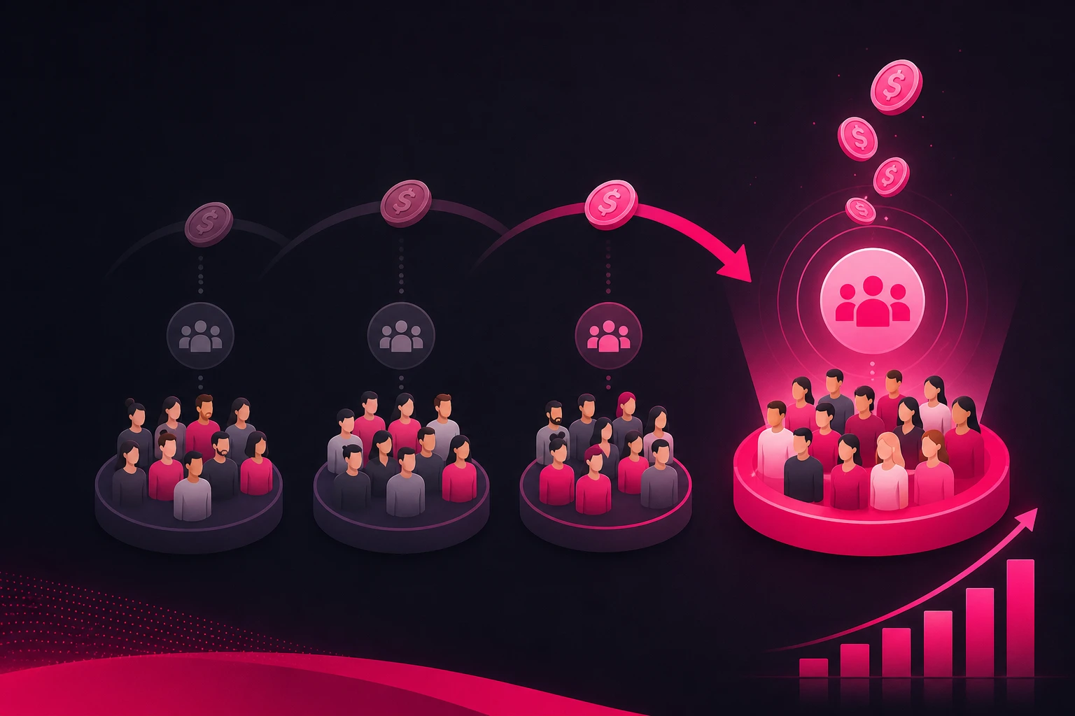 An illustration of three audience groups side by side with coins and an upward growth chart flowing toward the winning group highlighted in pink, representing ad budget shifting to the best-performing audience