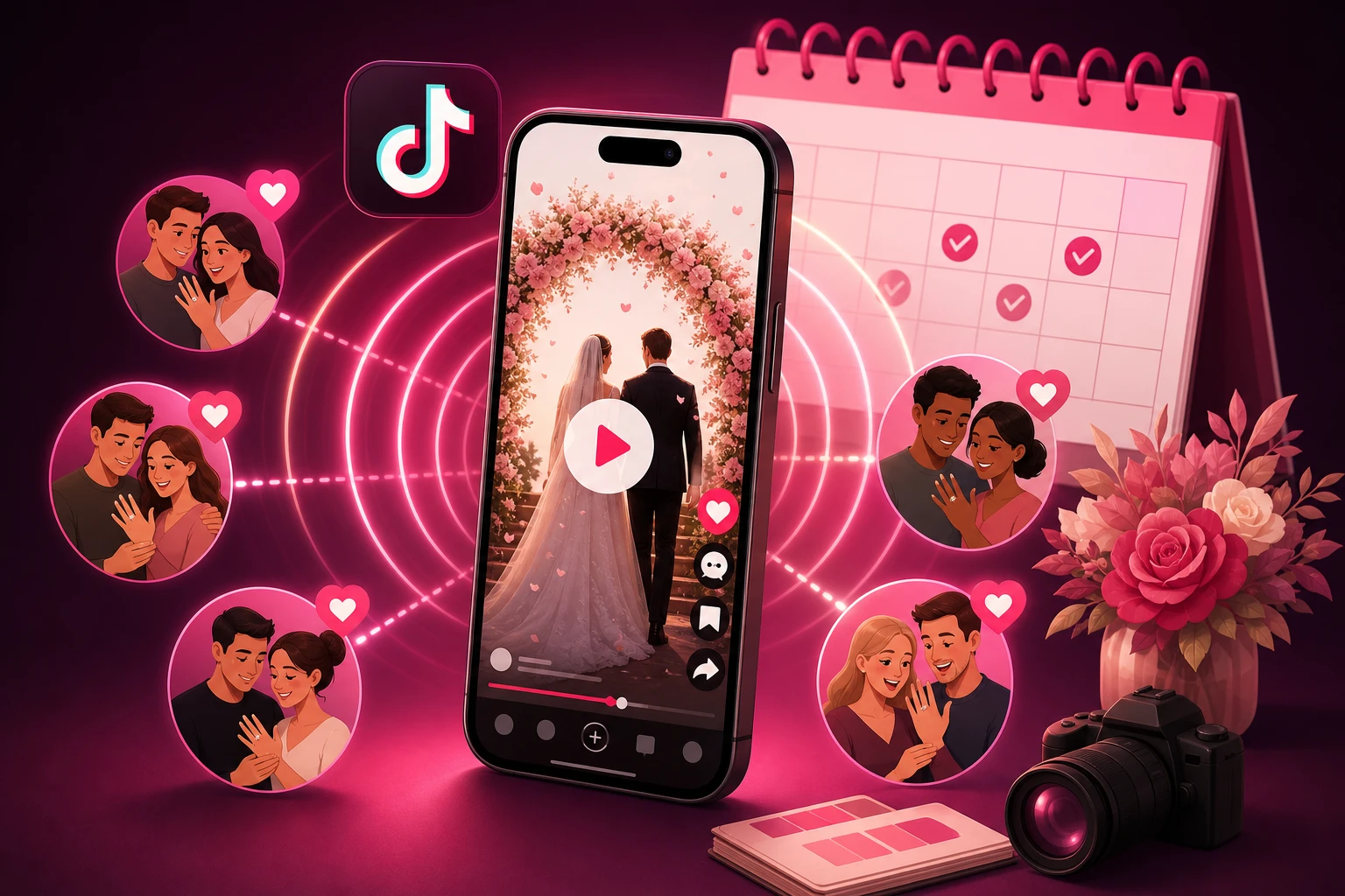 An illustration of a smartphone playing a wedding reveal video with amplification waves reaching small figures of engaged couples with rings and hearts, in front of a calendar of booked wedding dates