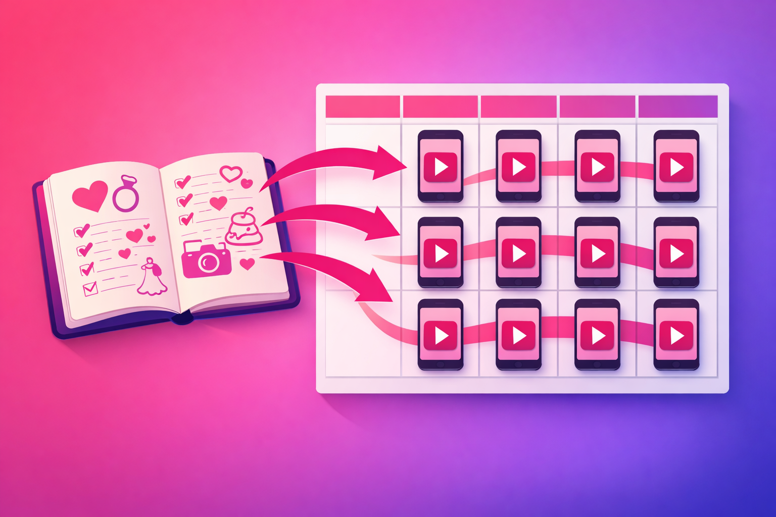 An illustration of an open notebook of wedding-day notes marked with ring, heart, cake, camera, and dress icons, with pink arrows flowing from the notes into a weekly content calendar grid where each cell shows a smartphone screen displaying a video play button, on a pink and purple gradient background