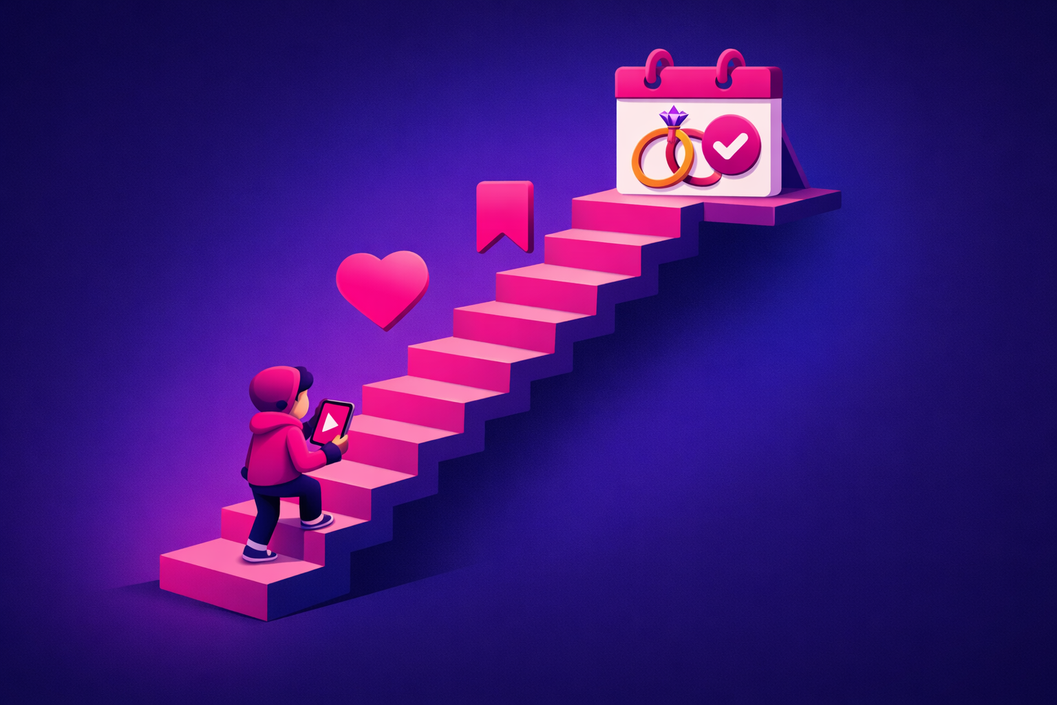 An illustration of an inquiry ladder shown as an ascending staircase where a small figure watching a smartphone with a video play button at the bottom climbs steps past floating heart and bookmark save icons to reach a calendar with a wedding ring and a checkmark at the top, representing a booked wedding date, in magenta and deep blue