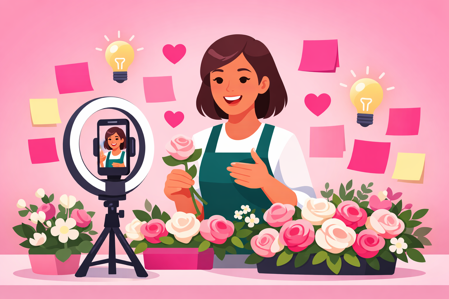 A smiling wedding florist in a green apron filming a short video on a smartphone mounted in a ring light on a tripod while arranging blush and white roses at a bright worktable, surrounded by floating lightbulb icons, hearts, and colorful sticky notes representing dozens of content ideas on a soft pink gradient background